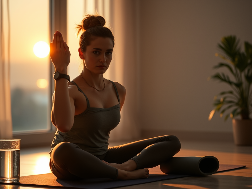 Create a highly detailed, high-resolution image depicting a serene early morning scene at 5 AM. Show a person, motivated and disciplined, stretching or preparing for their workout in a tranquil, softly lit environment. The light should be a gentle, warm glow, with hints of dawn breaking in the background. Include elements like a water glass nearby, a yoga mat or workout equipment set up, symbolizing readiness and commitment. The focus should be sharp, capturing the determination in the person's expression, showcasing the theme of discipline over comfort in their morning routine.