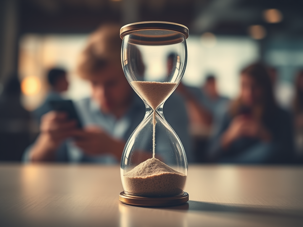 The main focus should be an hourglass symbolizing the passage of time, with grains of sand slipping away to depict lost opportunities. In the background, a blurred, chaotic scene of a person distracted by their phone represents procrastination. Use soft, warm lighting to evoke a sense of urgency and reflection. The style should be modern with a clean, minimalist aesthetic, highlighting the contrast between the hourglass and the distractions. Request a high resolution and produce a highly detailed image with sharp focus to ensure clarity and impact.