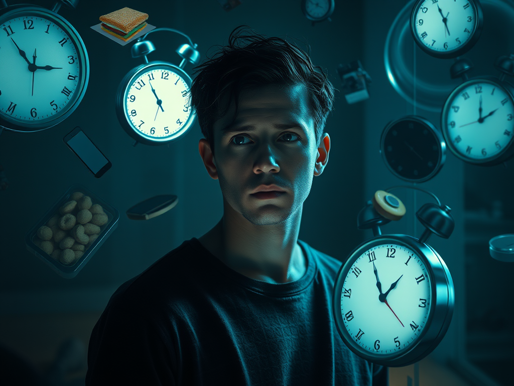 Create a high-resolution, highly detailed image that illustrates the concept of the "invisible enemy" as it relates to our hidden habits. The main subject should be a person looking contemplative, surrounded by floating, shadowy representations of distractions like a smartphone, junk food, and swirling clocks to symbolize lost time. Use soft, ambient lighting to create a moody atmosphere, with a sharp focus on the person to emphasize their struggle. The background should be slightly blurred to enhance the sense of isolation and distraction.